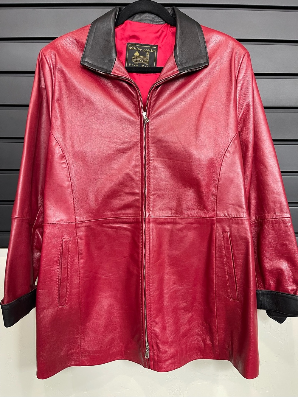 Massimo Red Leather Zip Jacket with Black Collar